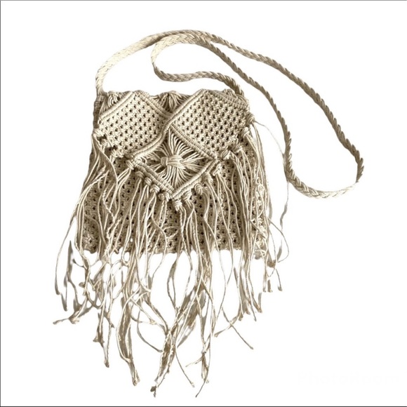 Vintage Handbags - Vintage Macrame Purse Woven Frayed Crossbody Bag Cream Summer Bohemian Fringe